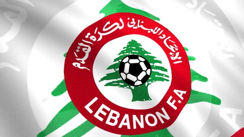 Lebanese Football Association waving colorful flag, seamless loop. Motion. Abstract green cedar tree and a ball on the emblem of Lebanon flag. For editorial use only. Animation