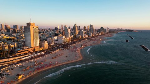 Beautiful view of Tel-Aviv city coastline during golden hour