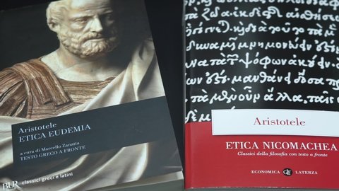 Rome, Italy - February 09, 2022, detail of two philosophical works, Nicomachean Ethics and Eudemia Ethics, by the great philosopher Aristotle.