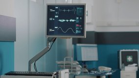 Heart rate monitor to measure heartbeat and pulse in empty medical cabinet, used at physical therapy and recovery. Alternative medicine equipment for orthopedic rehabilitation in office. Close up - Powered by Shutterstock - Get 15% off with code: PIKWIZARD15