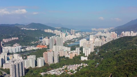 Wonderful skyline of high skyscrapers and downtown district in Shatin, Hongkong. showing the City One and Shing Mun River
