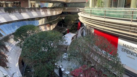 Istanbul, Turkey - Feb. 09, 2022; Kanyon Shopping Mall is open air in  modern district of Levent in Istanbul, Turkey. Levent is financial center of city with shopping malls and business offices