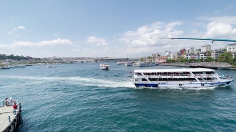 Istanbul, Turkey - August 22, 2021; Ferryboat sailing on the Bosphorus river towards the harbor in Istanbul