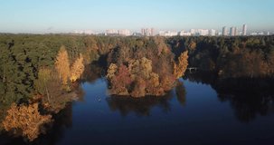 4K bright sunny autumn morning aerial drone video of lake in park and yellow red forest in Moscow, Russia
