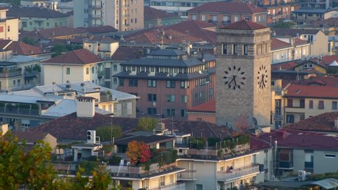 Bergamo. Lombardy. Italy. 11-9-2021. Post office clock tower and telegraph building. Bergamo central post office. Panning 4K