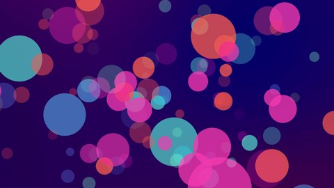 Animation of colorful circles, bubbles, bokeh effect. Abstract floating particles, lights. geometric background. Looped live wallpaper. Festive animated stock footage, 4k video