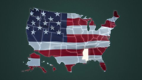 Mississippi federal state blinking white highlighted in map of USA