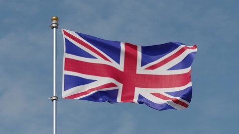 Flag of the United Kingdom Waving in the wind, Sky and Sun Background, Slow Motion, Realistic Animation, 4K Realistic Union Jack Flag background. British UK Flag Looping Closeup footage. EU Brexit film.