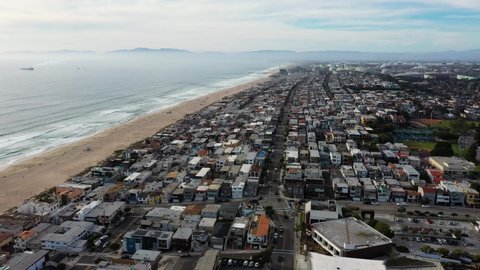 Flying Over Downtown Manhattan Beach In California, United States. Aerial Wide