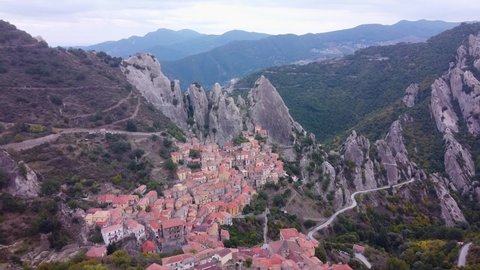 Castelmezzano Mountain Village in Basilicata region, Southern Italy - Aerial Drone View of the Small Town and Rocks