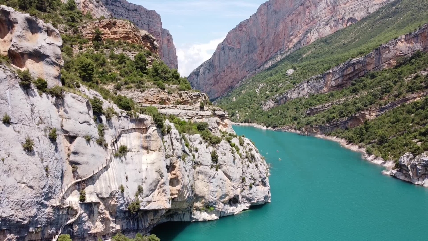 Pasarelas de Montfalco and Gorge Congost Mont Rebei, Catalonia, Spain - Aerial Drone View