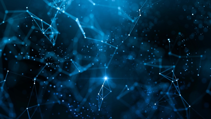 Blue abstract network and connections concept. Plexus connected lines, nodes, particles and flickering lights evolving in a technology organic motion background. Depth of field settings. 3D rendering