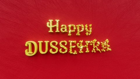 Happy Dussehra text inscription, Vijaya Dashami, Dasara, or Dashain and holiday marking the triumph of Rama, indian festival, decorative animated lettering, festive greeting card motion background.