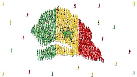 Senegal Map and Flag. A large group of people in the Senegal flag color form to create the map. 4K Animation Video.