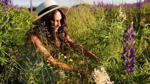 brunette young woman in a straw hat sits in a field of white lupines and squints at the bright sunset.