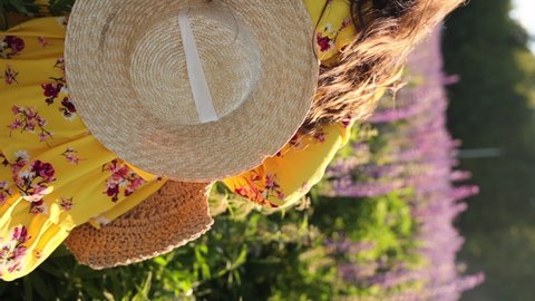 beautiful brunette woman in a yellow dress with a bouquet of lupines in a wicker basket and a straw hat walks in a field of lupines and smiles for the camera. Beautiful sun flares. Vertical video