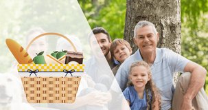 Animation of picnic basket over smiling caucasian multi generation family in park. national picnic day concept digitally generated video.