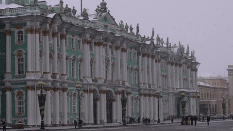 4K Footage, Snowfall on the background of the Hermitage in the center of St. Petersburg