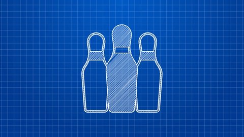 White line Bowling pin icon isolated on blue background. Juggling clubs, circus skittles. 4K Video motion graphic animation.