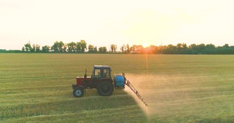 Spraying wheat fields with pesticides. Protection against pests of the field with wheat. Tractor sprays wheat drone view