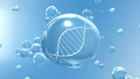 Clean transparent water drop and revolving DNA Helix on blue bubble background. 3D animation loop concept for medical healthcare, social freezing, covid-19 vaccine femtech and artificial fertilization - Powered by Shutterstock - Get 15% off with code: PIKWIZARD15