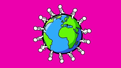 White cartoon stickmen walking around in a circle Earth globe. Character animation good for business whiteboard explainer, etc... Sociology, business... Seamless loop.