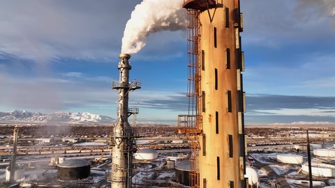Aerial Reveal Shot of Distillation Tower at Refinery in North Salt Lake Utah