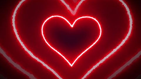 Red Neon Heart Particles Tunnel Abstract Romantic Valentine Glowing Lights Background 4k. Happy Valentines Day Background Heart Seamles Loop. Background for Lovers Parties