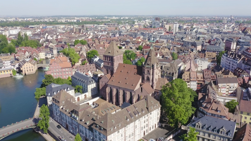 Inscription on video. Strasbourg, France. Church of St. Thomas, Protestant Church. Glitch effect text, Aerial View, Point of interest