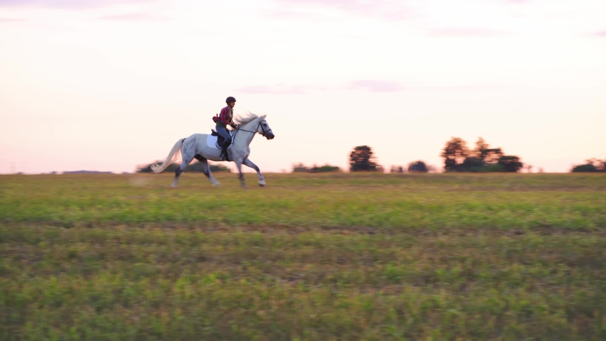 Horseback riding in an open field at sunset time 