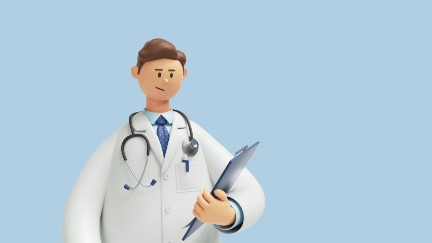 3d animation. Doctor cartoon character with stethoscope and clipboard, looks at camera and gives advice, isolated on blue background. Professional consultation and recommendation Royalty-Free Stock Footage #1086874010