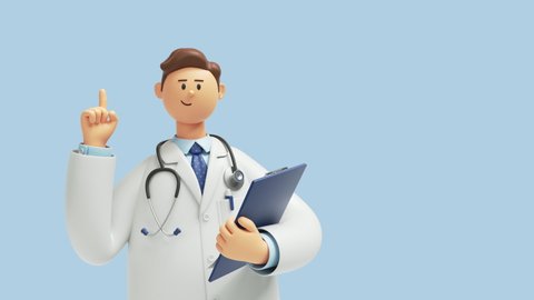 3d animation. Doctor cartoon character with stethoscope and clipboard, looks at camera and gives advice, isolated on blue background. Professional consultation and recommendation