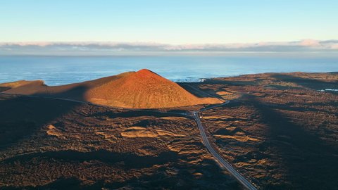 Top view of Lanzarote volcanoes. Drone flight over Lanzarote island