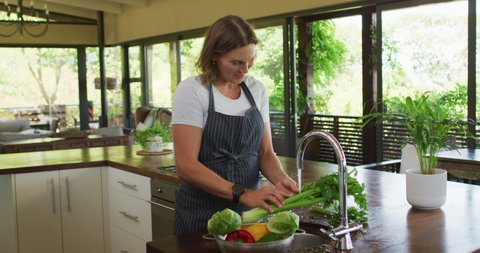 Happy caucasian pregnant woman wearing apron and washing vegetables in kitchen. expecting baby and healthy lifestyle during pregnancy.