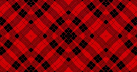 Loop sequence of motion background video. Red and black tartan stripes style graphic pattern in kaleidoscopic motion effects.