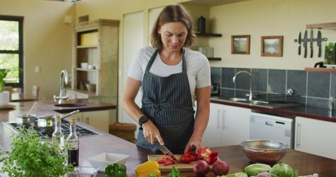 Happy caucasian pregnant woman wearing apron and cutting red pepper. expecting baby, cooking and healthy lifestyle during pregnancy.
