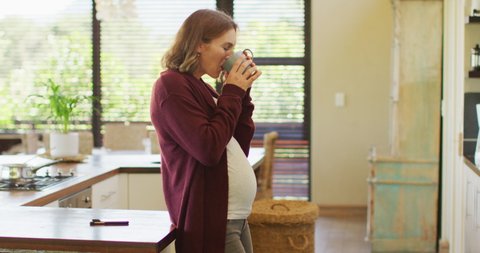 Caucasian pregnant woman standing in kitchen, touching belly and drinking tea. pregnancy, motherhood, expecting baby and spending time at home.