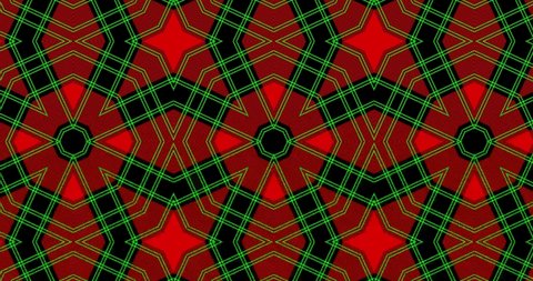 Loop sequence of motion background video. Red and black tartan stripes style graphic pattern in kaleidoscopic motion effects.