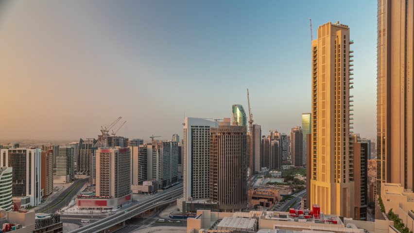 Skyscrapers at the Business Bay in Dubai aerial timelapse, United Arab Emirates