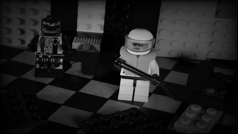 Riga, Latvia. February 12, 2022. Lego-land for kids : Many kids must have been passionate a piece of color bricks. Lego in black and white tones. Short and spooky movie.