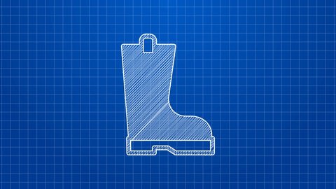 White line Waterproof rubber boot icon isolated on blue background. Gumboots for rainy weather, fishing, gardening. 4K Video motion graphic animation.
