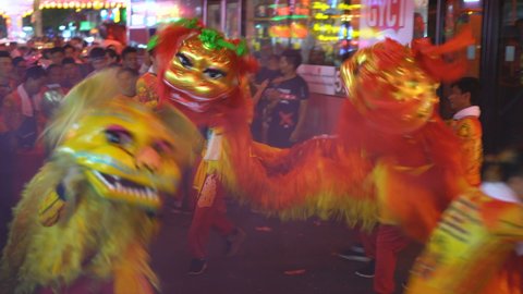 YANGON, MYANMAR - 4TH FEBRUAR, 2019: Celebration chinese new year in the streets of the Yangon, Myanmar, Asia.