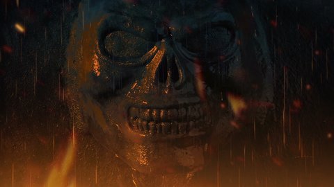 Voodoo Scene Of Skull Statue In Fire And Rain