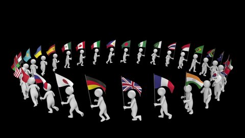 People with flags of different country run around the circle - 3d render looped with alpha channel.
