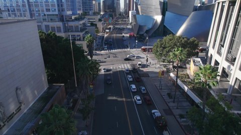 Los Angeles, FEB 2022. Downtown Cinematic Drone Footage of Top View Freeway 110 and Traffic