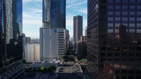 Los Angeles, FEB 2022. Downtown Cinematic Drone Footage of Top View Freeway 110 and Traffic