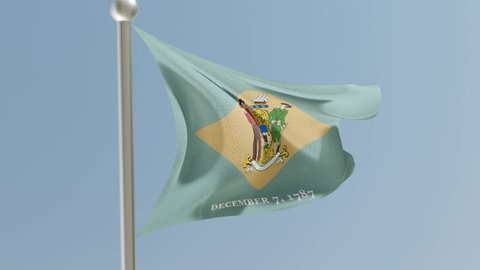 Delaware flag on flagpole. DE flag fluttering in the wind. USA.