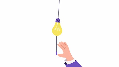 light bulb turn on animation. Business creative idea, Eureka, Inspiration, New idea and Innovation.  2d flat style stock video. aspiration and achievement in the workplace, businessman hand