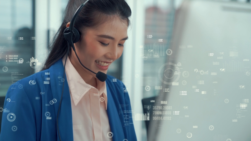 Customer support call center provide data with envisional graphic . Business and communication technology concept .