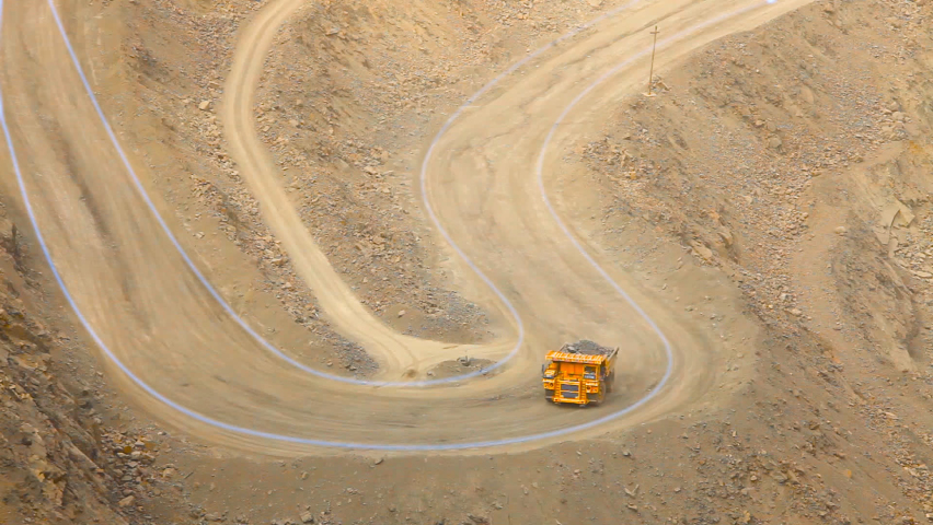 Visualization of a modern quarry. A dump truck drives through a large open pit general plan. A large mining truck rides carrying iron ore Royalty-Free Stock Footage #1086898277